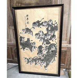 Large Asian Painting With Tigers – Ink And Colors On Paper, China, 20th Century, Composition