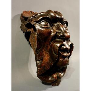Head Of A Greenman In Carved Wood, Late 18th Century