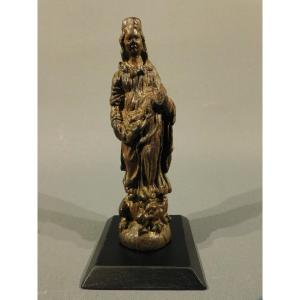 Miniature Virgin Carved Walnut, Standing On The Devil, 18th Century