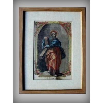 Religious Hand Colored Engraving Saint André End Of The 17th Debut 18th Century