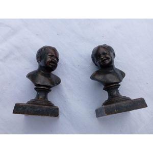 Pair Of Bronze Subjects “laughing John, Crying John” With Brown Patina.