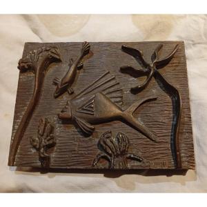 Decorative Bronze Plaque – Stylized Marine Motif – Signed Ln