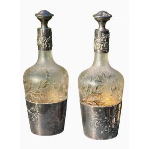 Daum Nancy - Pair Of Silver & Crystal Carafes