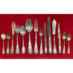 Olier & Caron Cutlery Set In Sterling Silver, Spatula Model Beaded   - 183 Pieces 