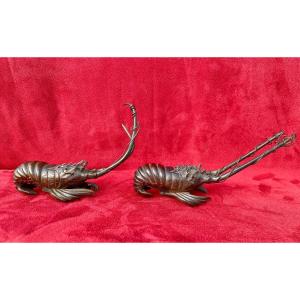 Pair Of Meiji Bronze Crayfish - Japan