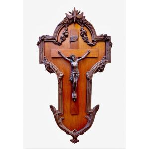 Nineteenth Carved Wooden And Bronze Crucifix