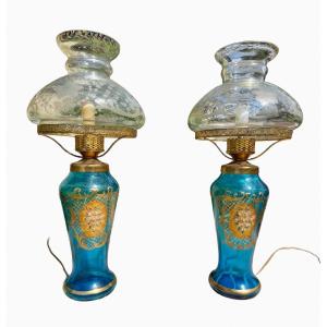 Murano - Pair Of Crystal Lamps With Myosotis