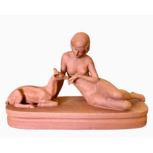 Ugo Cipriani - Terracotta, Young Woman Feeding A Doe