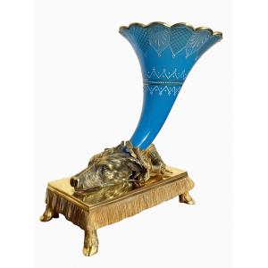 Rhyton Soliflore Vase In Opaline & Bronze