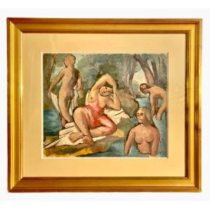 Charles Walch - Bathing In The River, Gouache