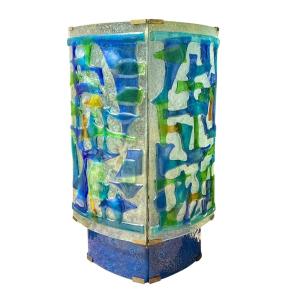 Green/blue Pressed Molded Glass Lamp Circa 1970