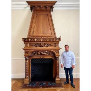 Renaissance Style Walnut Castle Fireplace