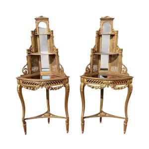 Pair Of Louis XV Style Gilded Wood Corner Cabinets 