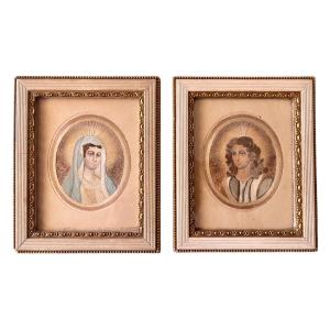 17th Century - Pair Of Religious Portraits In Embroidery