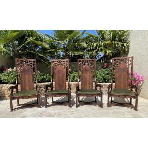 Unique! 4 Gothic  Style Walnut Armchairs + Footstools