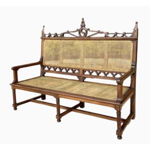 Gothic Bench In Walnut And Cane 
