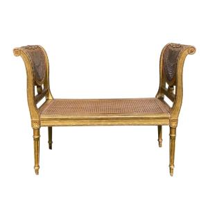Small Louis XVI Style Gilded Wood & Cane Bench 