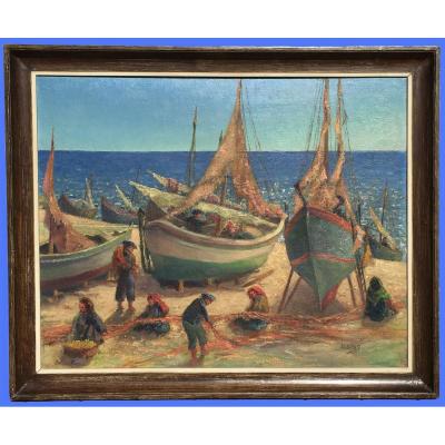 Emile Sins - Oil On Canvas, The Port Of Sant Feliu De Guixols In Catalonia