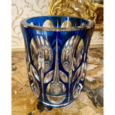 Val Saint Lambert - Blue Lined Cut Crystal Vase