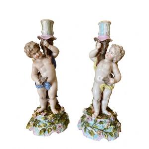 Sitzendorf - Pair Of Venus & Cupid Candlesticks