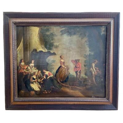 Large Oil On Canvas, Gallant Scene In A Garden