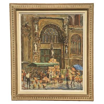 Fernand Laval - Market In Front Of Saint Eustache Church In Paris
