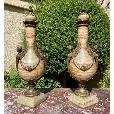 Pair Of Napoleon III Onyx & Bronze Vases