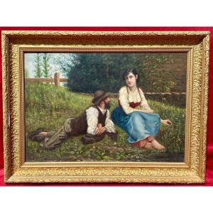 Oil On Canvas, Gallant Scene In A Meadow