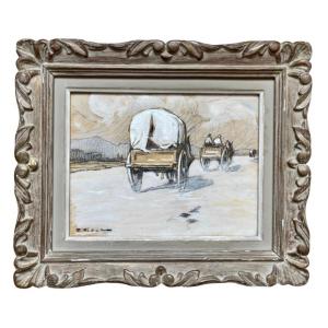 Gustave Vidal - « the Caravans » Charcoal And Poster Paint