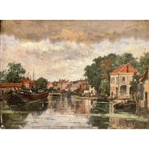 Émile Vernier - A Canal In Dordrecht, Oil On Panel