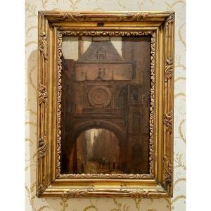 Rouen City  « gros-horloge Road », Oil On Cardboard