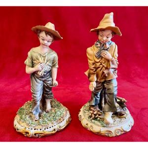 Capodimonte - Pair Of Porcelain Newsboys