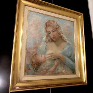 Pastel Painting Under Glass. Mother And Child By Armando Busi