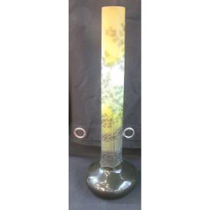 Gallé - Large Tube-shaped Vase With Acid-etched Decoration Of Ginko Leaves