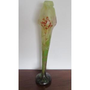 Daum Vase With A Tapered Shape And An Acid-etched Decoration Of Orange Flowers, 59cm.