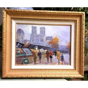 Walter Sita XX Eme Oil On Canvas. Notre Dame And The Bouquinistes