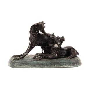 Bronze Group With Brown Patina Representing Two Greyhounds 22x36 Cm