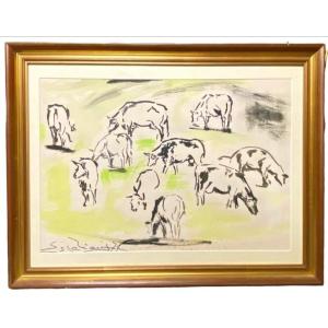 Joseph Espalioux .watercolor Drawing Signed .the Cows