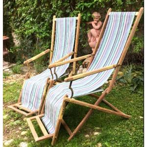 19th Century Pair Of Wooden Deck Chairs With Footrests