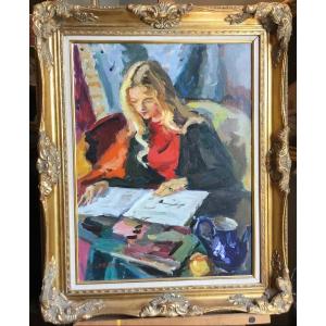 Pierre Cornu. 20th Century. Portrait Of A Young Woman Reading. Oil On Canvas