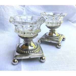Pair Of Solid Silver Salt Cellars. Old Man's Hallmark, Early 19th Century. 
