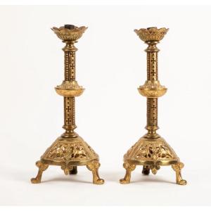 Pair Of Gilded Metal Candlesticks In The Byzantine Style. 19th Century. Beautiful Provenance.