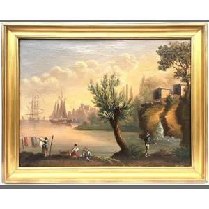 French School Of The 19th Century. Port Scene. Oil On Canvas, Framed. 