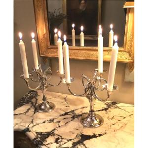Ercuis House. Pair Of Three-arm Candelabra With Hunting Horns In Silver-plated Metal 