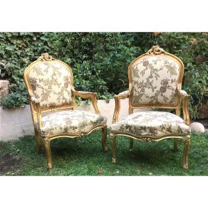 Pair Of Straight-backed Armchairs, Known As "queen's Style" Armchairs, In Molded And Carved Wood