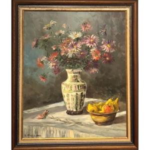 Christophe Rielland, Oil On Canvas, With A Bouquet