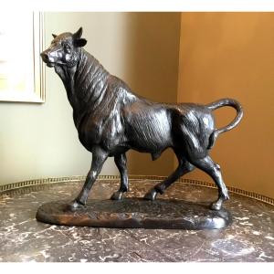 Black Patina Bronze Bull Signed On The Terrace à L Barye