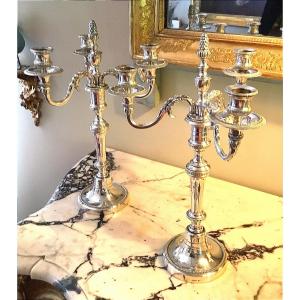 Pair Of Three-light Candelabra In Silver-plated Metal