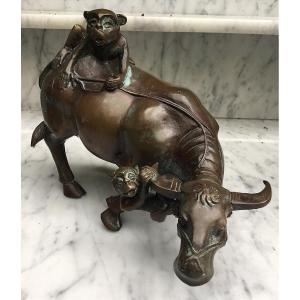 Two Monkeys On A Buffalo .bronze Print