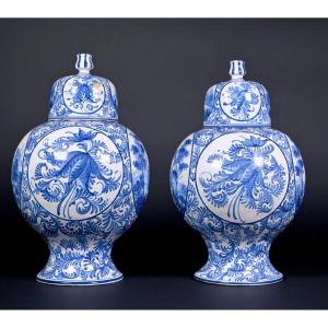 émile Tessier A Malicorne.pair Of Earthenware Pots With White/blue Decoration
